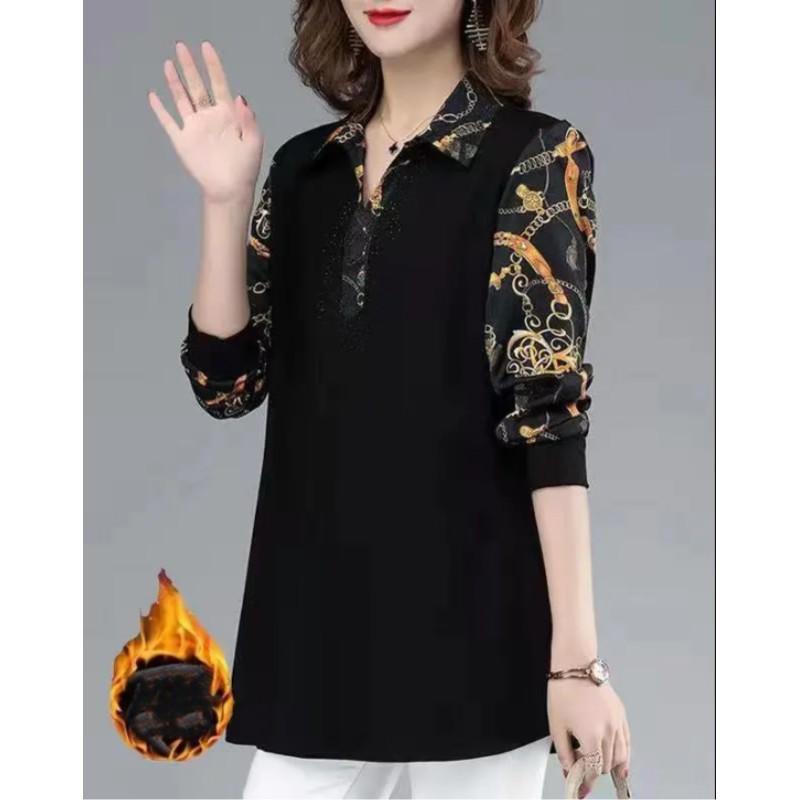 Bluză cu mânecă lungă și guler pentru femei, cu aspect elegant, mărime medie până la plus size, top strat de bază lung pentru mame la vârsta mijlocie și după