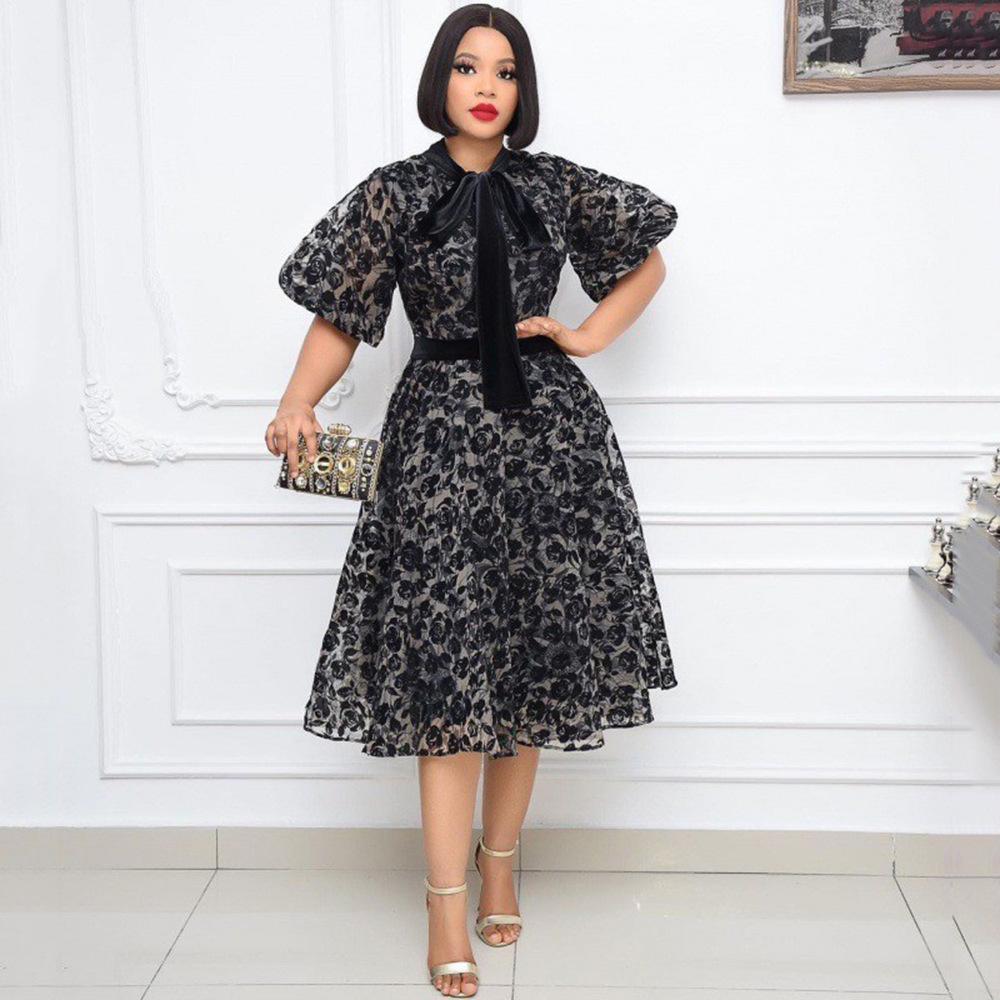 New summer temperament stand-up collar black flocked encrypted mesh waist lace splicing fashionable and thin dress