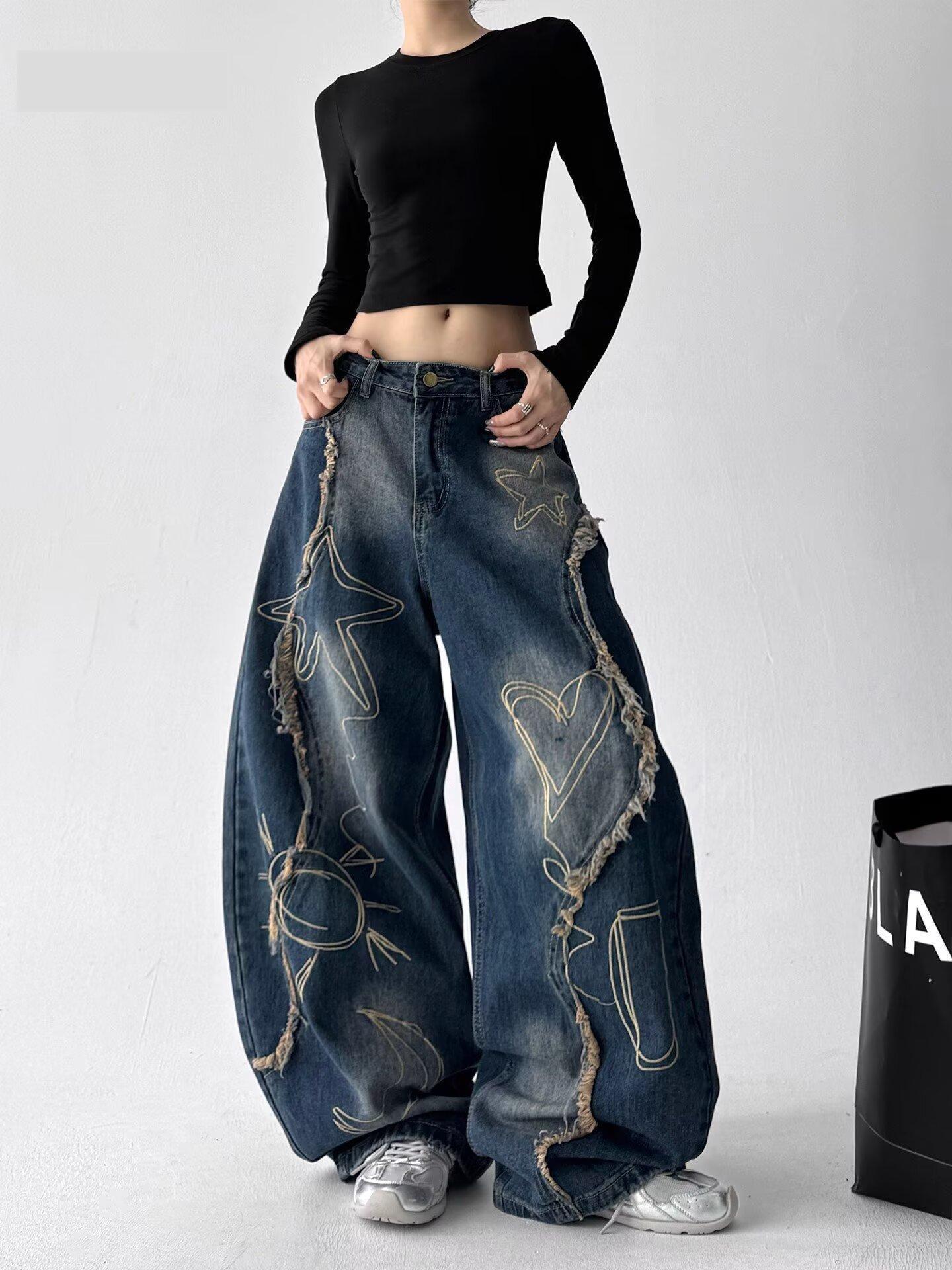 Women s High Waist Distressed Wide Leg Jeans for Autumn Jazz Dance Large