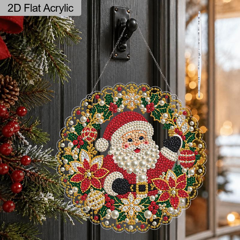 Christmas Acrylic Santa Wreath Pearl Painting Suncatcher,9.72/7.76In,DIY Ornament,Xmas Window Tree Wall Decor & Craft Gift