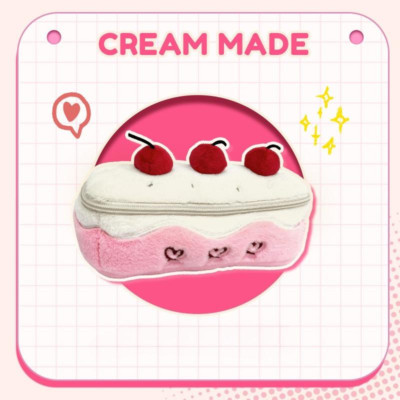 1 Piece Kawaii Schoolgirl Pencil Case Cute Cherry Cake Dessert Stationery Organizer Bag Portable Large Capacity Furry Pen Holder