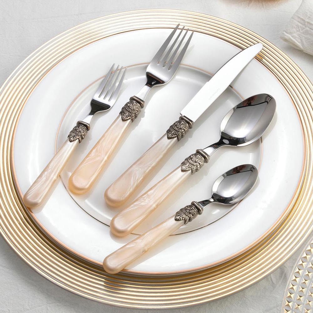 Retro High-End 304 Stainless Steel & Acrylic Cutlery Set: Knife, Fork, Spoon, Dessert Fork, Spoon