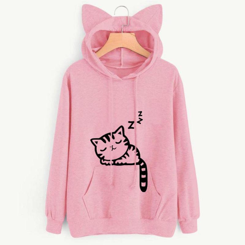 Plus Size Cat Print Fleece Hoodie for Women - Autumn/Winter Collection