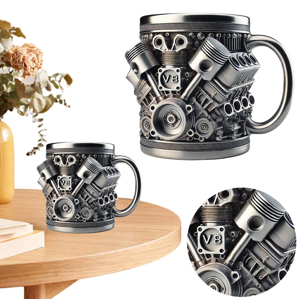 450ML 3D Unique Car Engine Coffee Cup Stainless Steel Handmade Coffee Cup V6 V8 Cocktail Mug Gifts for Men Car Lovers