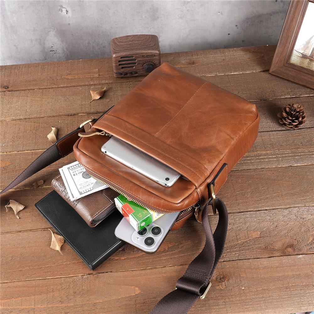 New Genuine Leather Men's Single Shoulder Tablet Bag, Retro Oil Wax Top Layer Cowhide Crossbody Bag