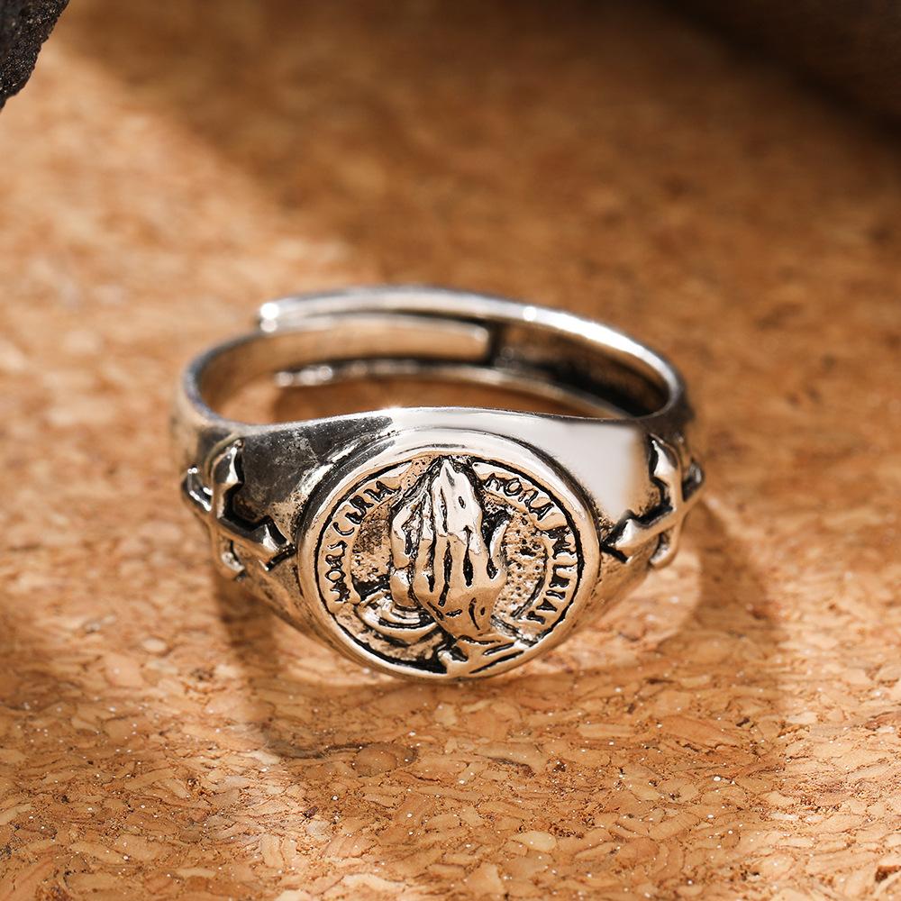 Praying Hands Ring Men's Niche Design High-end Street Hip-Hop Style Opening Adjustable Ring
