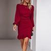 Elegant Womens Slim Fit Solid Color O Neck Dress with Bubble Sleeves Ruffles and Pleated Design