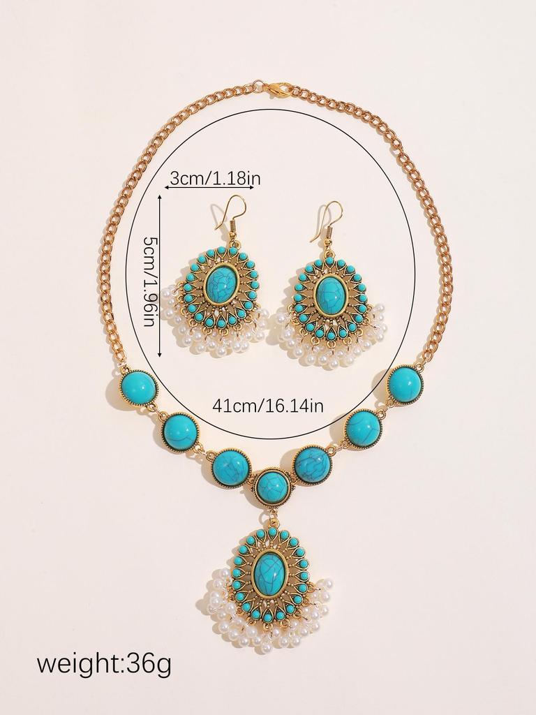 Turquoise Tassel Necklace & Earrings Retro Pearl Set
