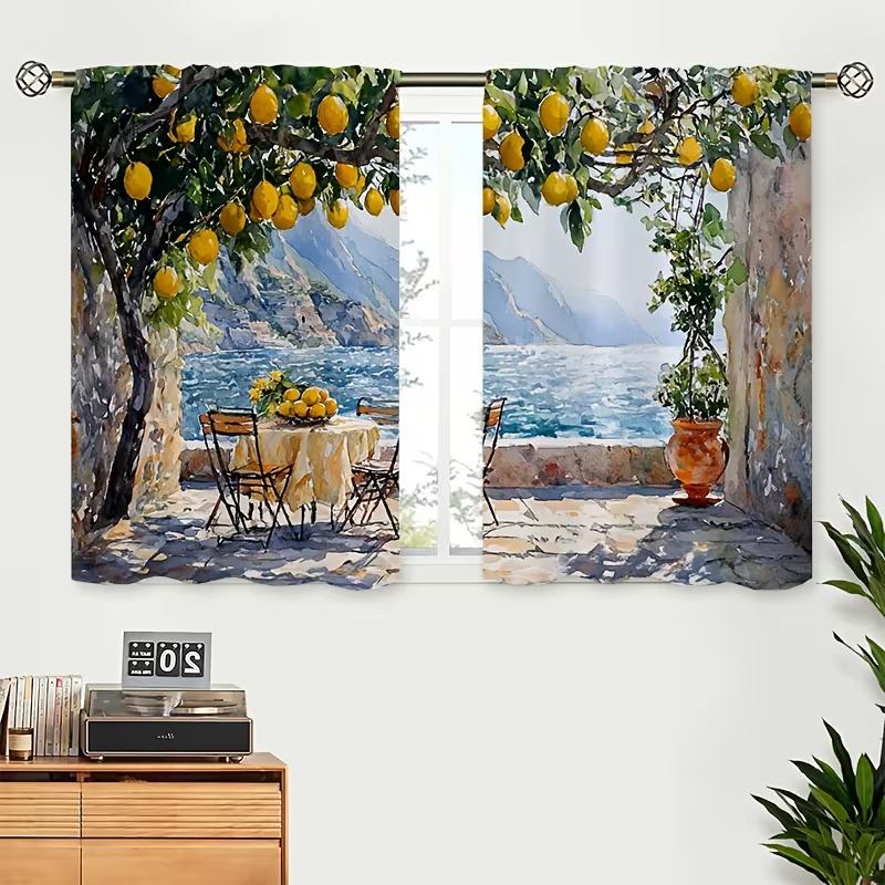 Set Of 2 Lemon Trees By Seaside Print Curtains Suitable Bedroom Living Room Kitchen Decoration Home Window Decor Made Polyester Sitting Treatment