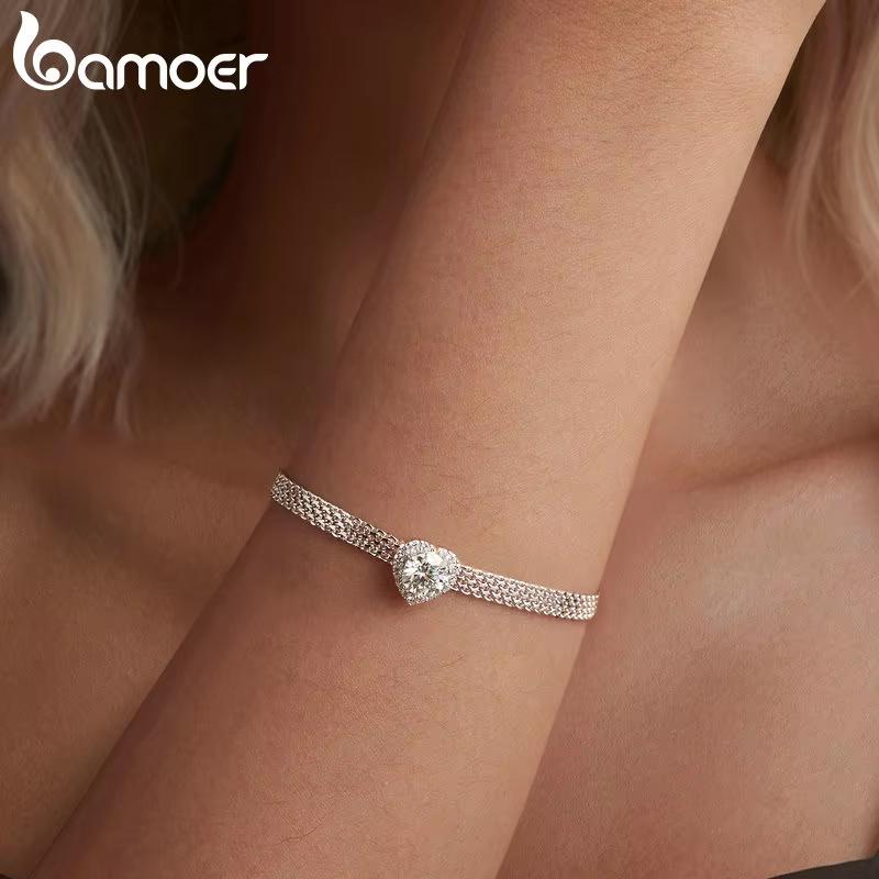 BAMOER Solid 925 Silver 4mm Mesh Link Chain Bracelet, White Gold Plated Heart Moissanite Woven Bracelet for Women