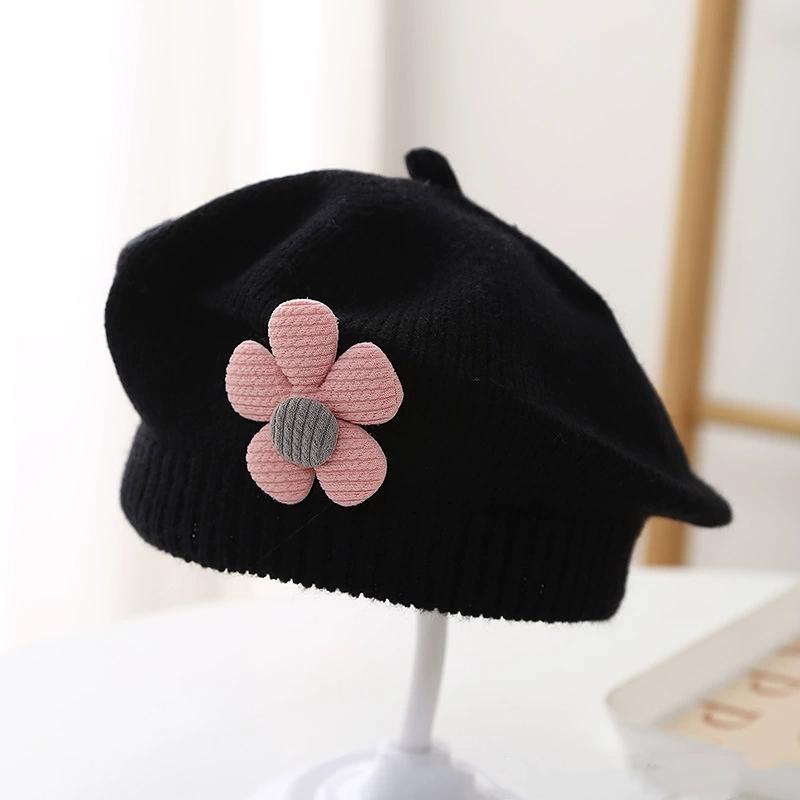 Λουλούδι Baby Beret Καπέλο Χειμερινό Ζεστό πλεκτό καπέλο Beanie για βρέφη κοριτσάκια Κορεάτικη Πριγκίπισσα νηπίων Καλλιτέχνης Μονόχρωμα καπέλα ζωγραφικής