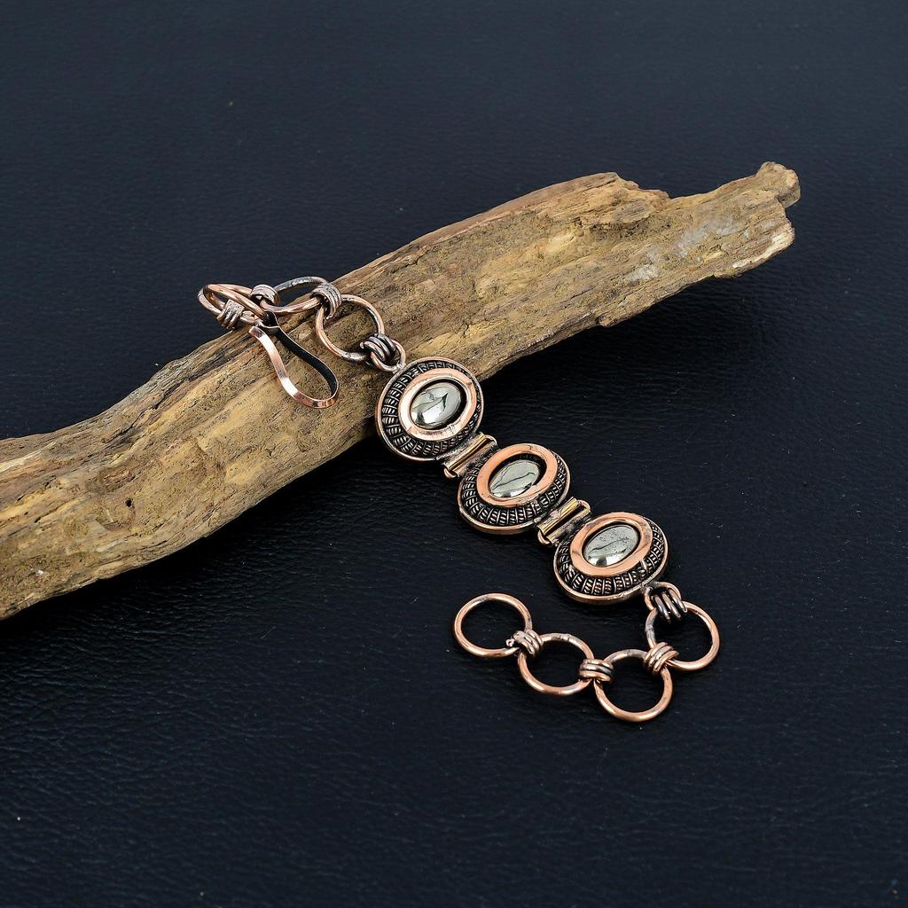 Golden Apache Pyrite Bracelet, 999 Copper Wire Wrapped Jewelry, Gemstone Bracelet Whit Adjustable Chain Gift For Her, Handmade Dainty Jewelry