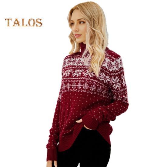 

Женский рождественский свитер с высоким воротником и длинным рукавом, жаккардовый принт со снежинками, вязаные топы, свободный трикотаж S красный