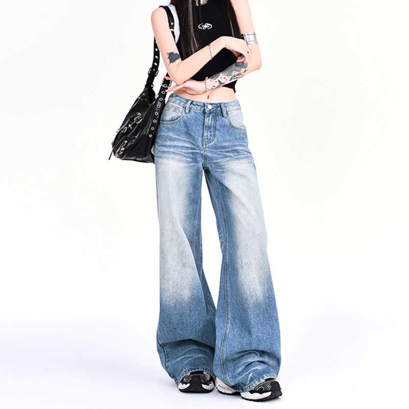 

Женские джинсы американского стиля с высокой талией, выстиранные, с широкими штанинами - Весна 2025, драпированные брюки в пол XS