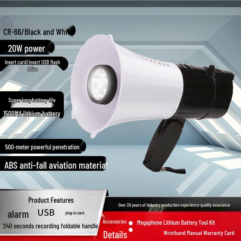 Thunder King CR-66 Bluetooth Megaphone with LED Lights, USB Card Slot, and Recording Feature.