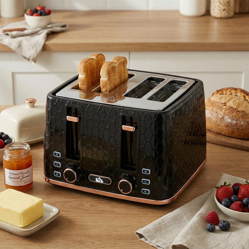 4 Slice Toaster with 7 Browning Levels, High Lift, Reheat/Defrost/Cancel, Self-centring Function, Removable Crumb Tray, Auto Off, 1600W