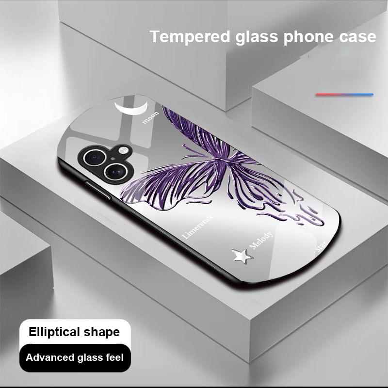 Metallic Butterfly For Apple IPhone 16 11 13 15 14 Pro Max 12 Mini 7 8 Plus XR X XS Elliptical Shaped Tempered Glass Phone Case