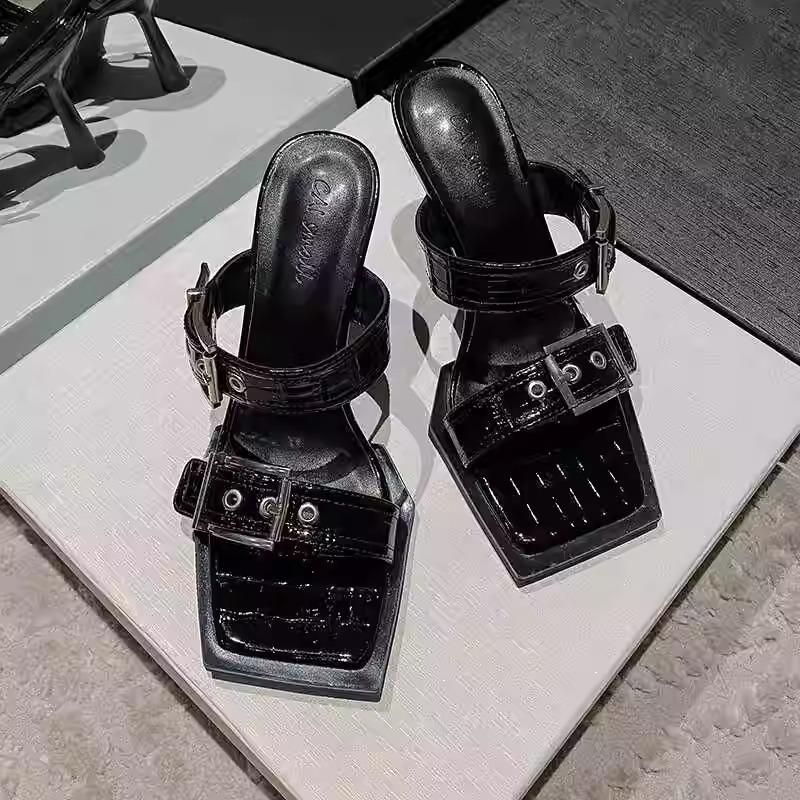 

Новые туфли на высоком каблуке-шпильке с квадратным носком и ремешком на одно слово, черные сандалии с пряжкой ремня высокого класса для женщин 40