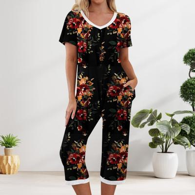 2 Pcs/Set Women Top And Pants Suit Summer Pajamas Set Flower Printing Trousers Sleepwear V Neck Short Sleeve T-shirt Homewear Casual Clothes