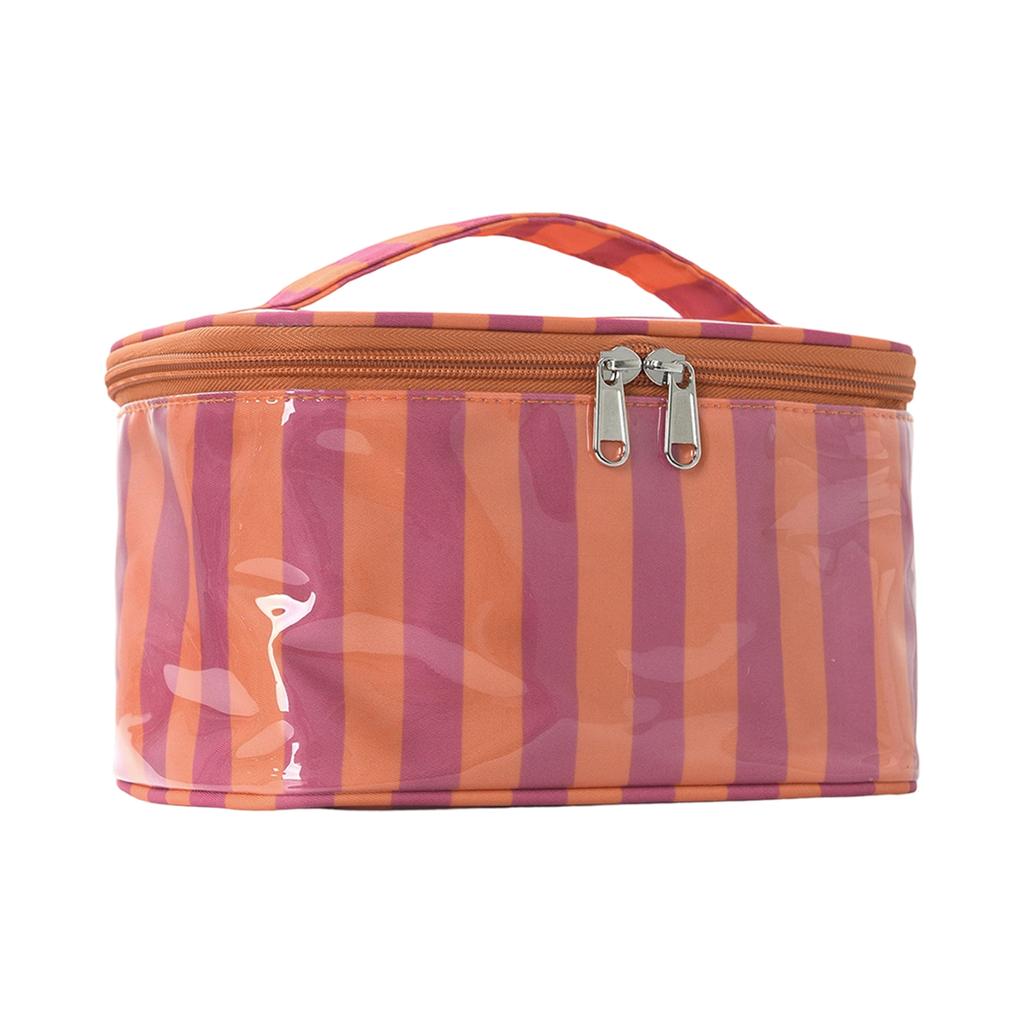 Large Capacity Waterproof PVC Travel Makeup Bag with Handle Striped Design Cosmetic Storage Organizer for Toiletries and Accessories
