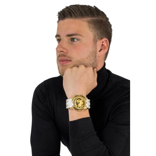 Invicta Pro Diver 23424 Quartz Watch, 50mm Case, White Gold with Silicone and Stainless Steel Strap, Gold Dial, Beige