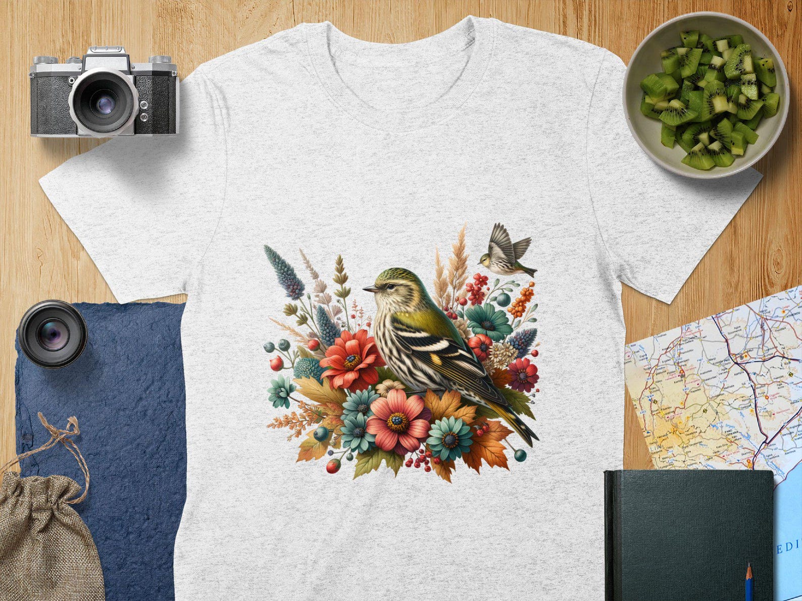Pine Siskin Colorful Bird and Winter Floral T-Shirt, Bird Lover Gift, Bird Watching Apparel, Floral Bird Print Tee, Nature Inspired Shirt 3XL