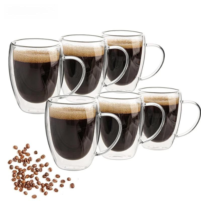 2/4/6PCS 350ML Double Wall Glass Coffee Mug With Handle Transparent Glass Cappuccino Cup Coffee Milk Tea Juice Tea Cup