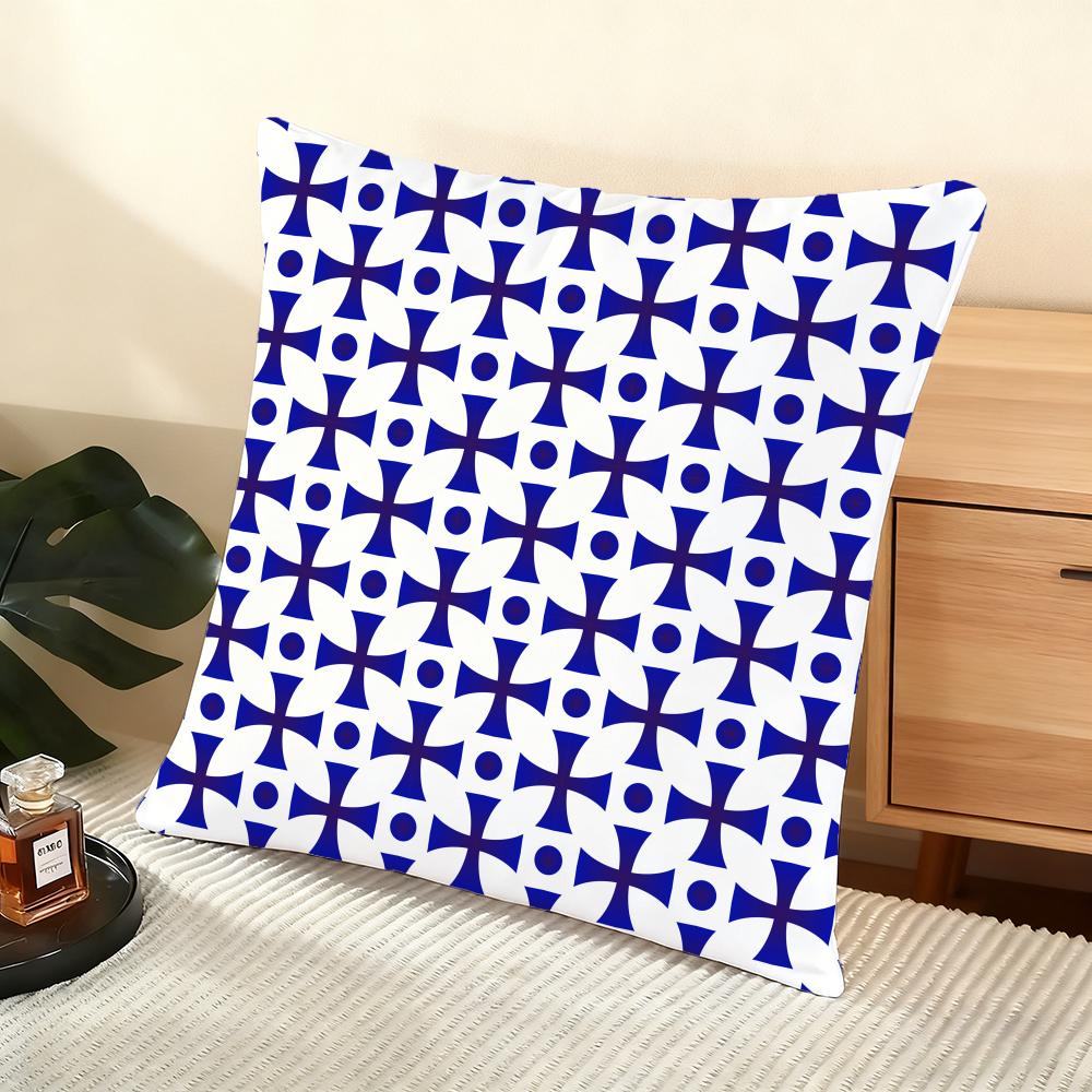 Blue And White Geometric Cushion Cover Soft Short Plush Pillow Cover Smooth Cozy Texture Aesthetic Cushion Case Home Decor
