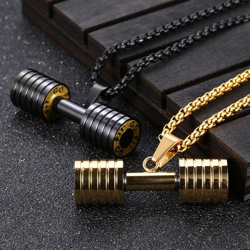 Women Creative Gifts Fashion Gold Black Silver Color Big Small Barbell Pendant Necklace Men Trendy Fitness Barbell Creative Gift