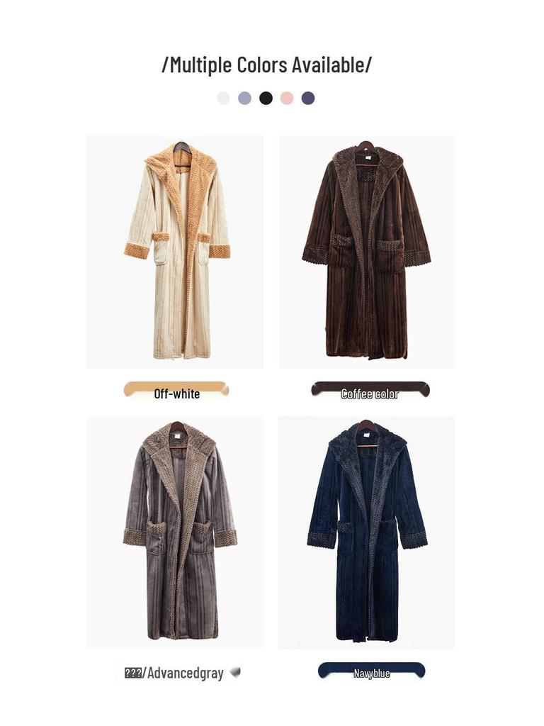 Cozy Couple Jacquard Fleece Long Robe - Hooded Autumn/Winter Bathrobe for Men & Women
