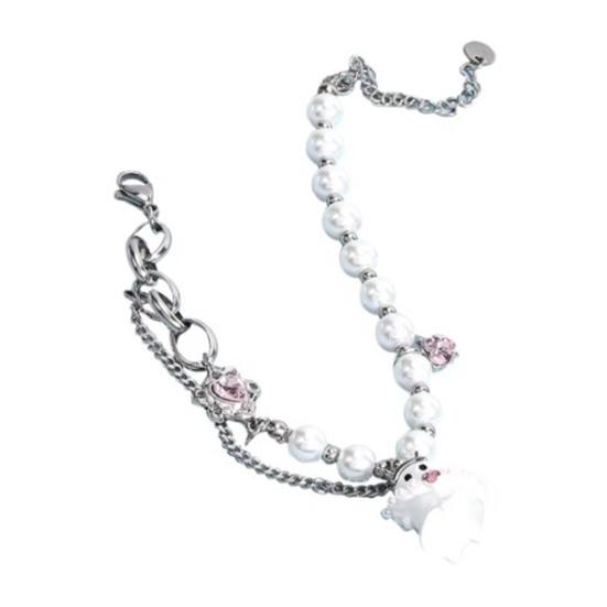 Women Bracelet Cartoon Ghost Pendant Imitation Pearls Color Matching Adjustable with Extended Chain Halloween Gift Wrist Jewelry