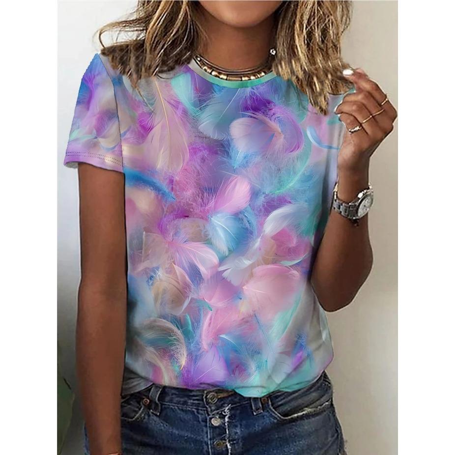 Damski T-shirt Wzór Motyla i Kwiatów Nadruk - Wygodny Krótki Rękaw Okrągły Dekolt Moda Druk 3D