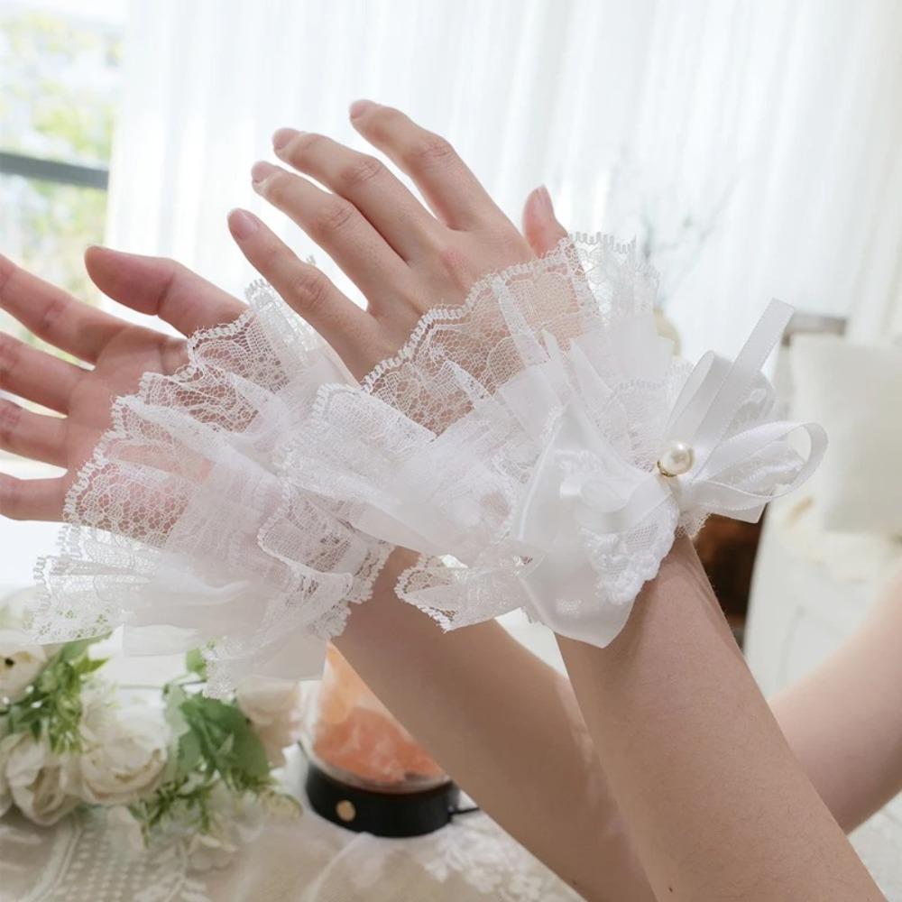 Sweet White Lace Cuff Pearl Bow Detachable Fake Flared Sleeves False Sleeve Cuffs Cosplay Ornament