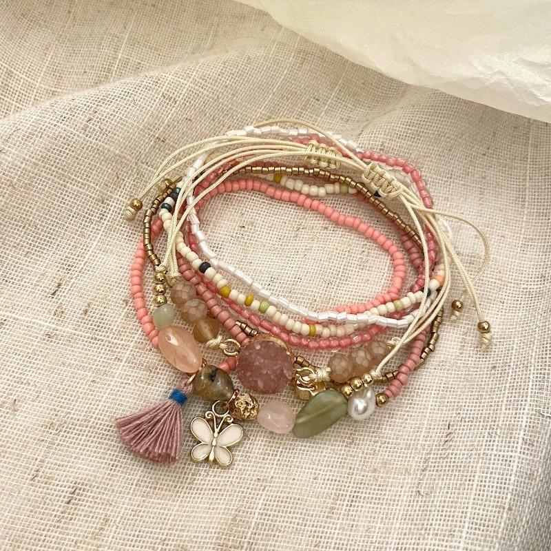 Multi-layer stacked cherry blossom powder beaded butterfly bracelet female sweet temperament bracelet bracelet bracelet