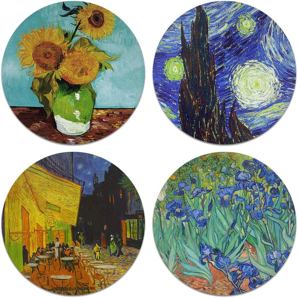 CARIBOU Coasters - Irises, Mulberry, The Pink Peach Tree by Vincent Van Gogh, Gustav Klimt Flower Garden Design Absorbent Round Fabric Felt Neoprene