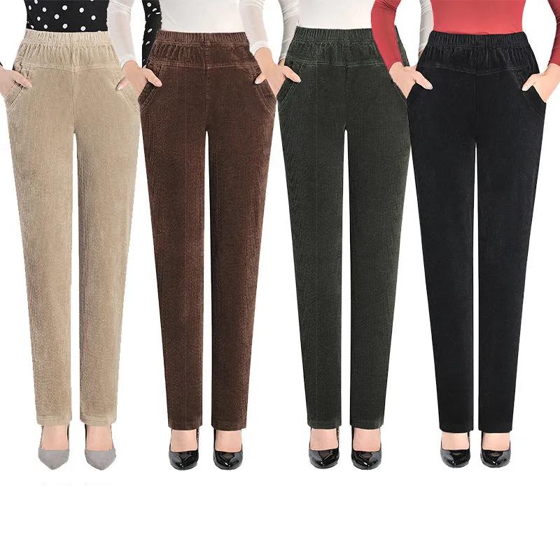 Women's Fall/Winter High-Waisted Corduroy Pants Relaxed Fit with Elastic Waistband Plus Size Thickened Fabric Casual Trousers for Mothers