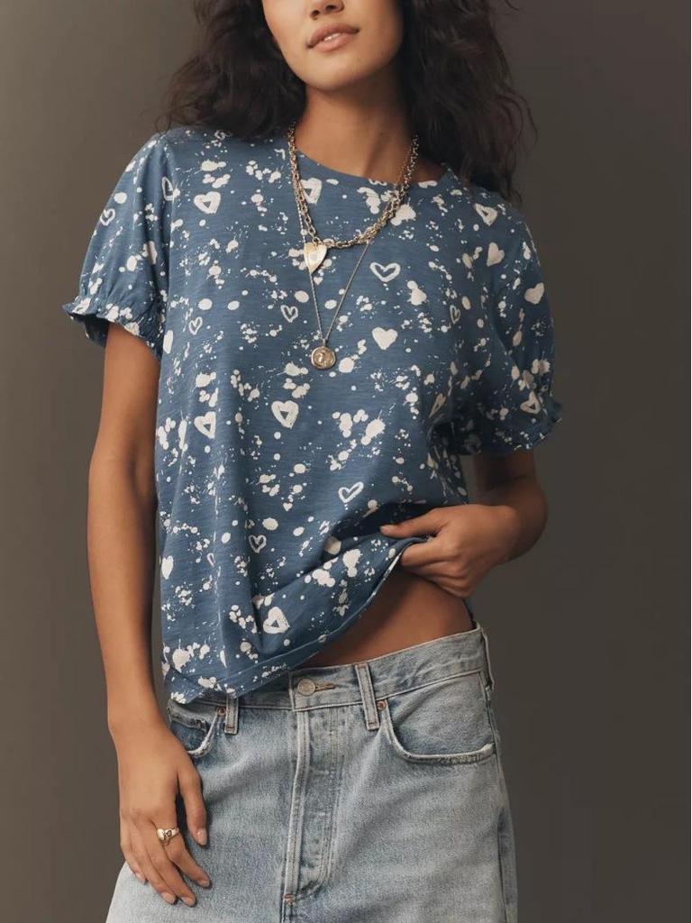 2026 Spring Women's Bubble Sleeve T-Shirt: Short-Sleeve, Solid Color, Round Neck, Skin-Friendly Design.