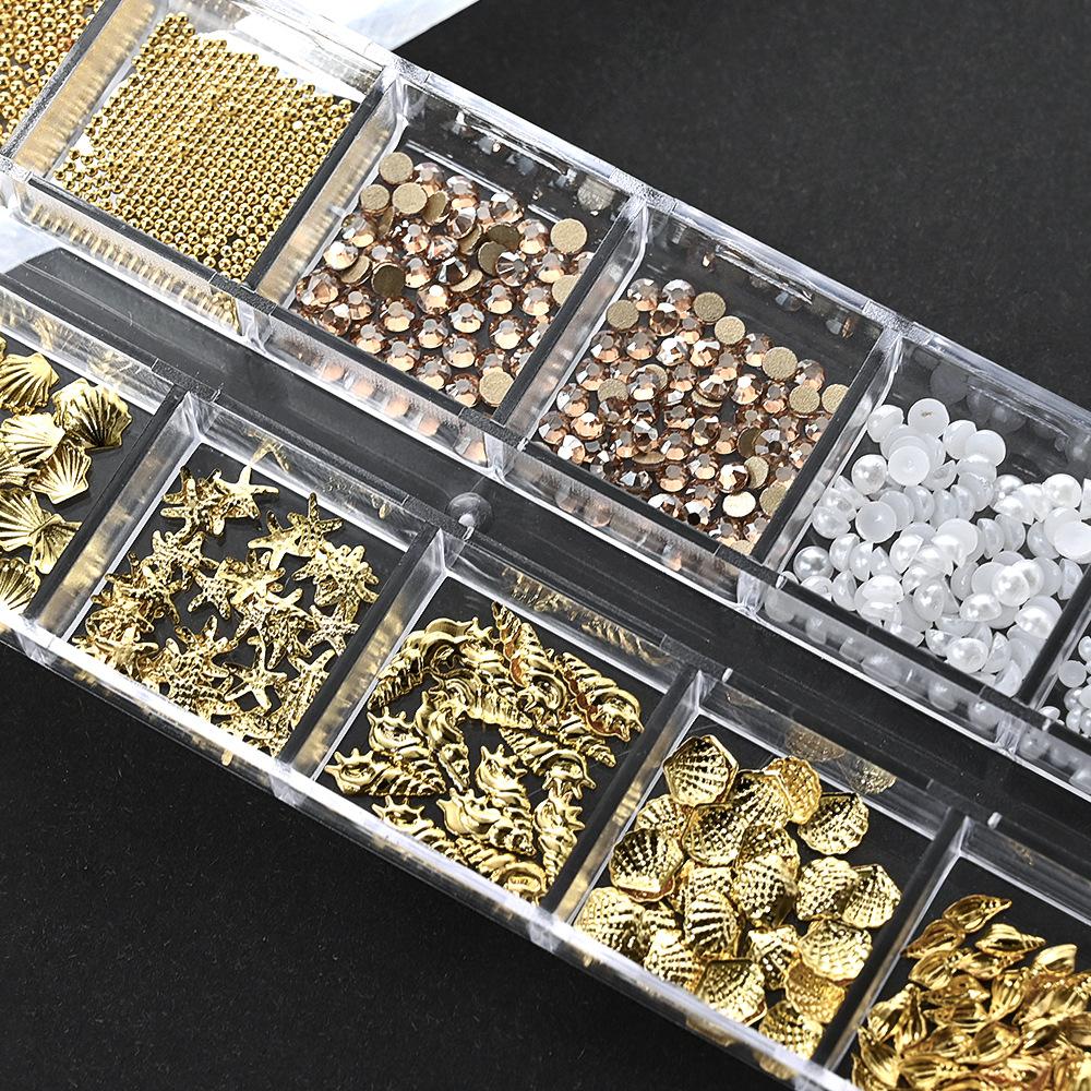 12 Grid 3D Beads Rhinestone Ocean-Inspired Nail Art Charms Alloy Shell Abalone Seahorse Starfish Conch Faux Pearl Beads For Diy Manicure Nail Supplies