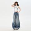 Early Spring Vintage Blue Rhinestone High Waist Relaxed Slim Floor Straight Wide Leg Denim Pants For Ladies Casual Pants Oversize Denim Trousers