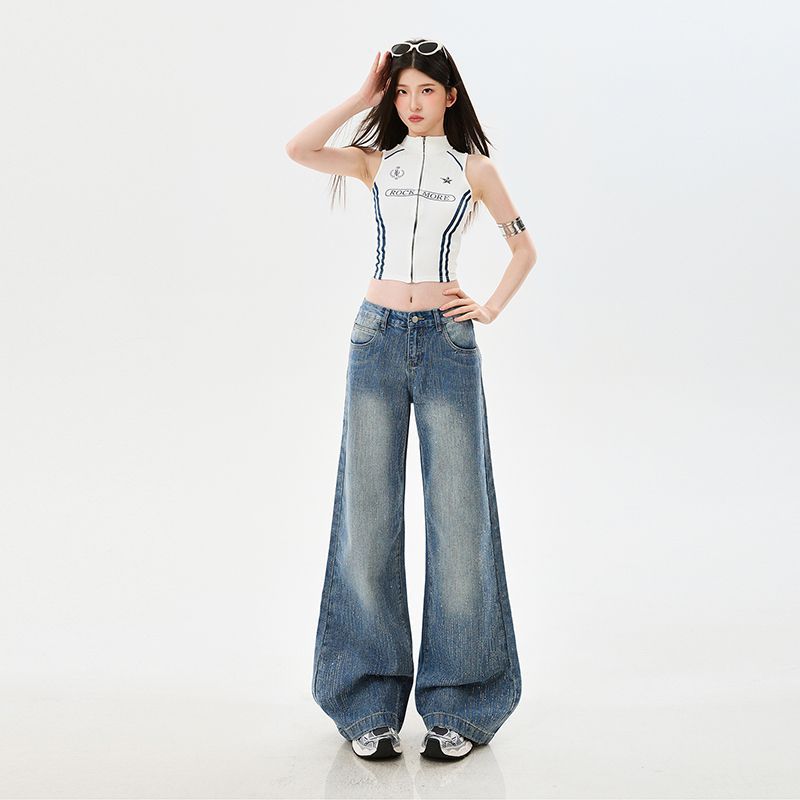 Early Spring Vintage Blue Rhinestone High Waist Relaxed Slim Floor Straight Wide Leg Denim Pants For Ladies Casual Pants Oversize Denim Trousers