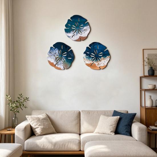 3 Pcs Summer Coastal Wall Decor, Beach Ocean Wave Wall Art, Rustic Wood Carving Nautical Ornament for Bedroom Home Decor