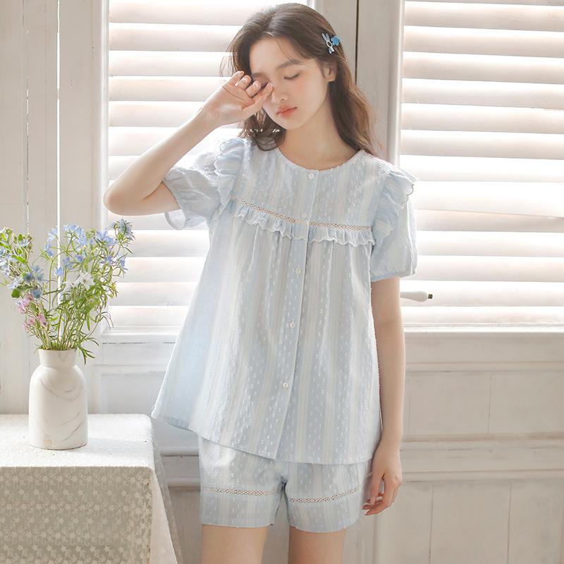 Spring and summer new women's cotton yarn French sweet pure cotton girl short-sleeved shorts loungewear set 19