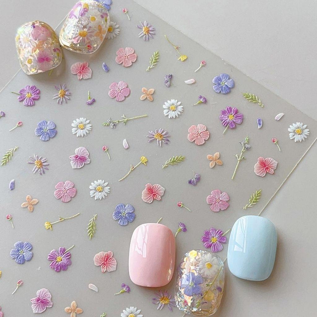 Embossed Realistic Dried Flower Nail Art Stickers - Japanese Style Graffiti Wildflowers