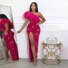 C8591 Foreign Trade Women's Clothing Summer Sexy Fashion Feather Oblique Collar Banquet Dress Sequined Split Long