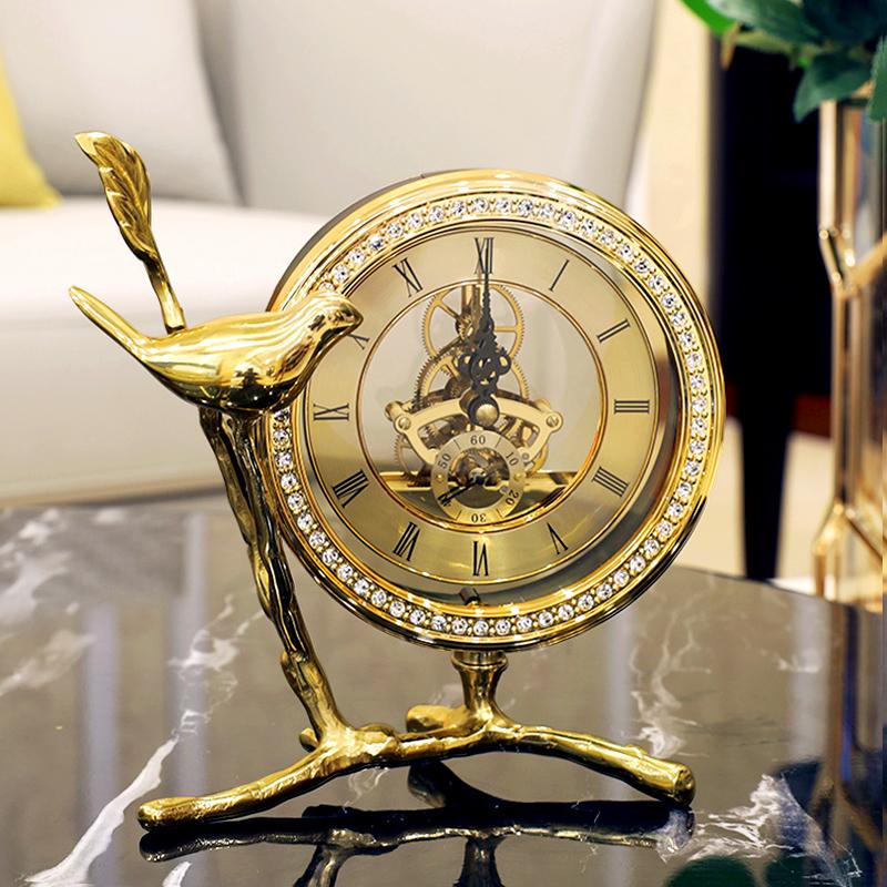 Luxury 6inch Gold Table Clock with Bird Design, Vintage Mechanical Skeleton Desk Clock, European Style Metal Art Ornament