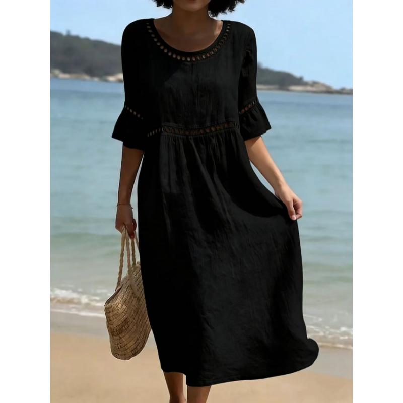 Women's Spring Summer Elegant Casual Dress, Round Neck Flared Half Sleeve Hollow Out Solid Color Long Midi Dress for Beach Vacation Daily Wear