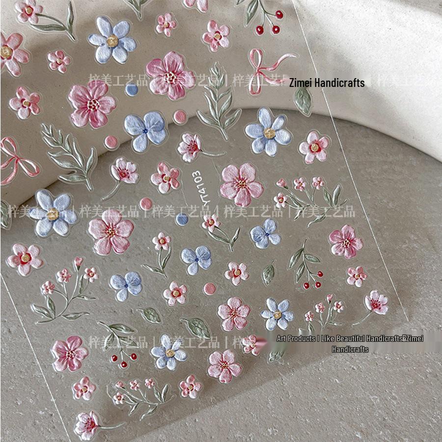 Korean Spring & Summer Monet Floral 3D Nail Stickers - Hand-Painted, Embossed, Self-Adhesive DIY Decor for Students