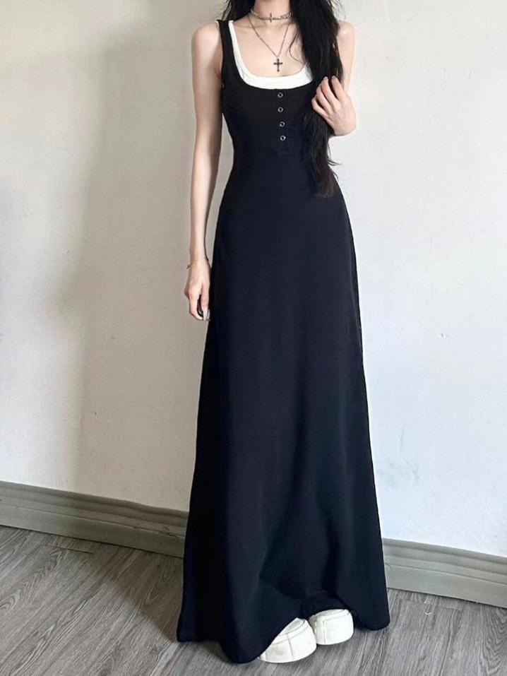 Korean-Inspired Black Patchwork Sleeveless Camisole Dress with Waist-Cinching Design S