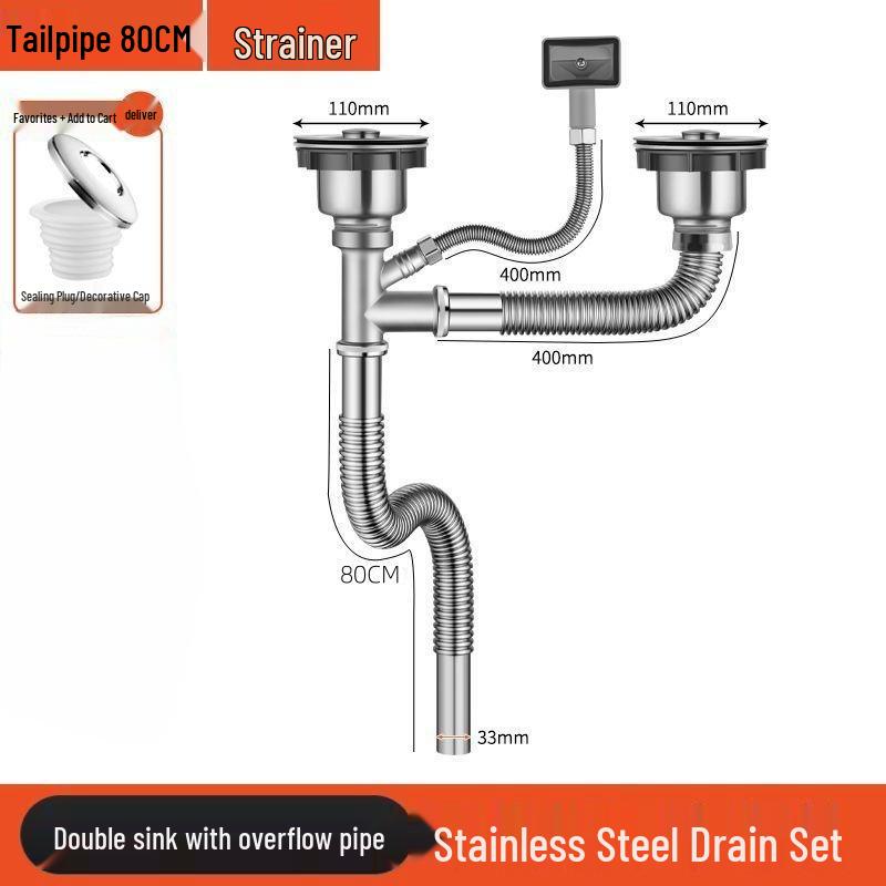 Stainless Steel Double Bowl Kitchen Sink Drain Pipe Set with Anti-odor Feature