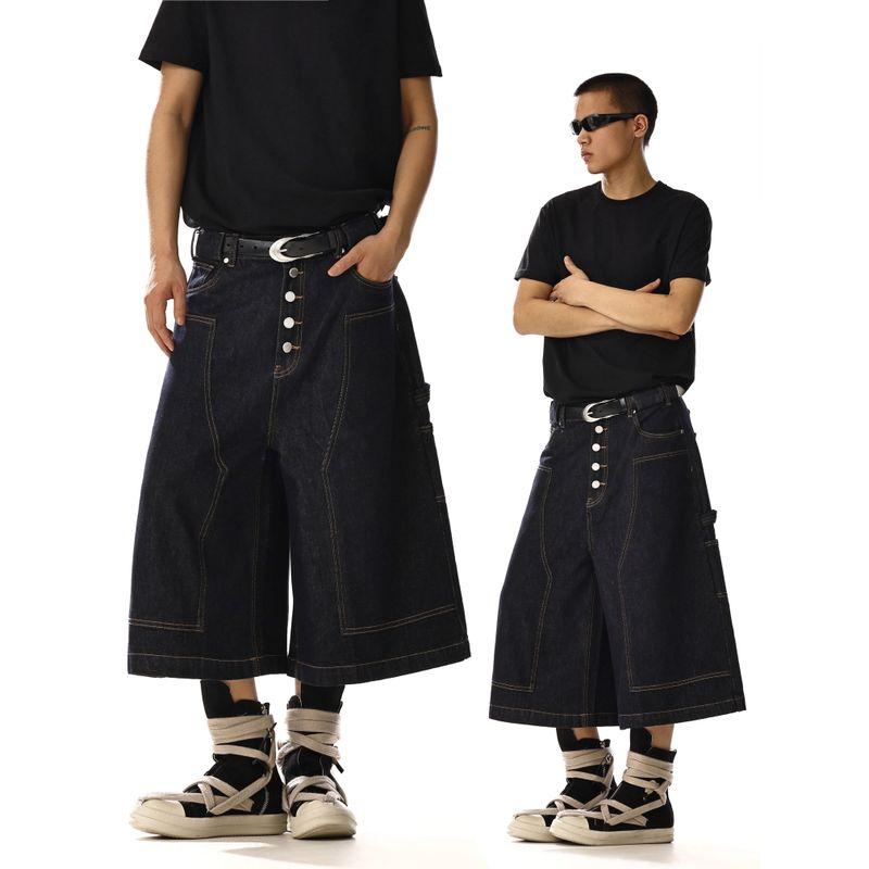 

American vintage Washed Logging Primary Color Denim Cropped Pants Men and Women Design Sense Loose Wide Leg Straight Cargo Shorts Black XL